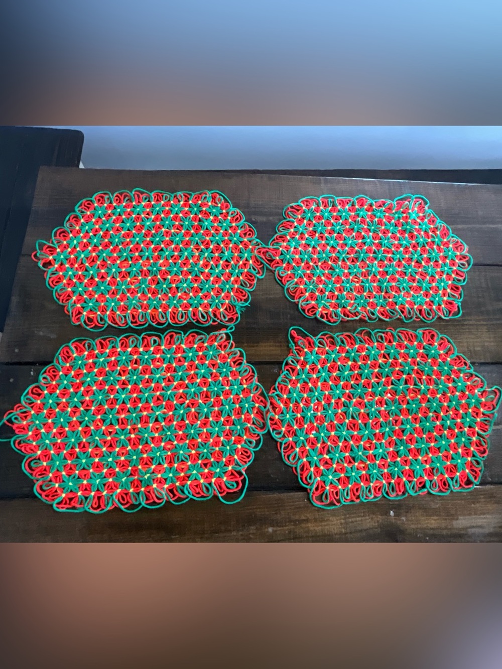 Vintage Lot of 4 Crocheted Placemats Bright Orange Green